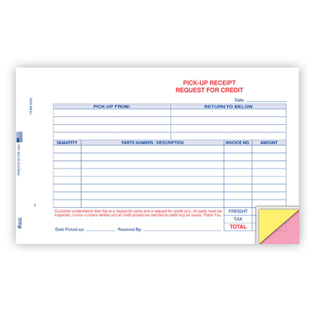 ASP Parts Pick-Up Receipt (Stock), 9 1/8" X 5 2/3" - 3 Part, 100 Per Pk Pk 6220